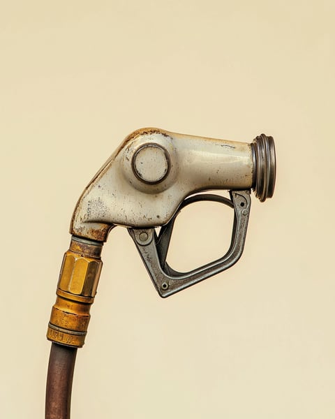 أداة قديمة، شاهدة على التآكل — A weathered vintage gas pump nozzle on a warm cream background