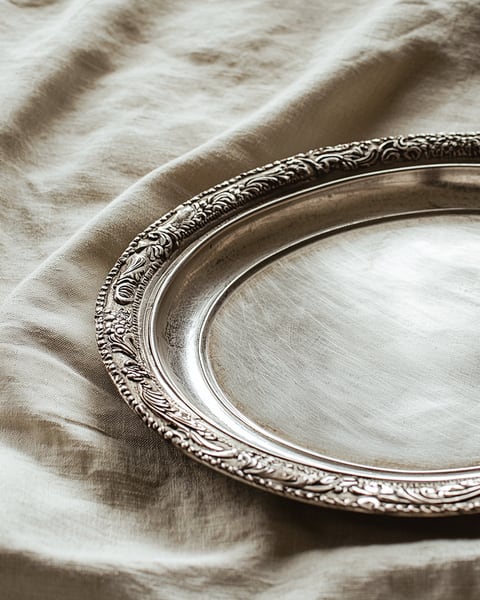تفصيل فضي، أناقة هادئة — A vintage silver tray detail, decorative accent