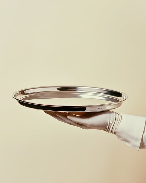 صينية فضية، تذكير بالخدمة الحقيقية — A vintage silver service tray held by a gloved hand on a warm cream background